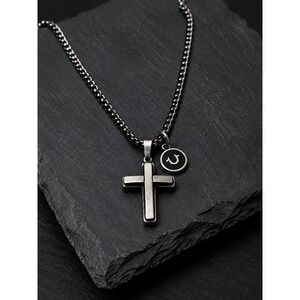 NIB True Religion Gunmetal Cross Pendant Necklace 24" Chain Logo Charm